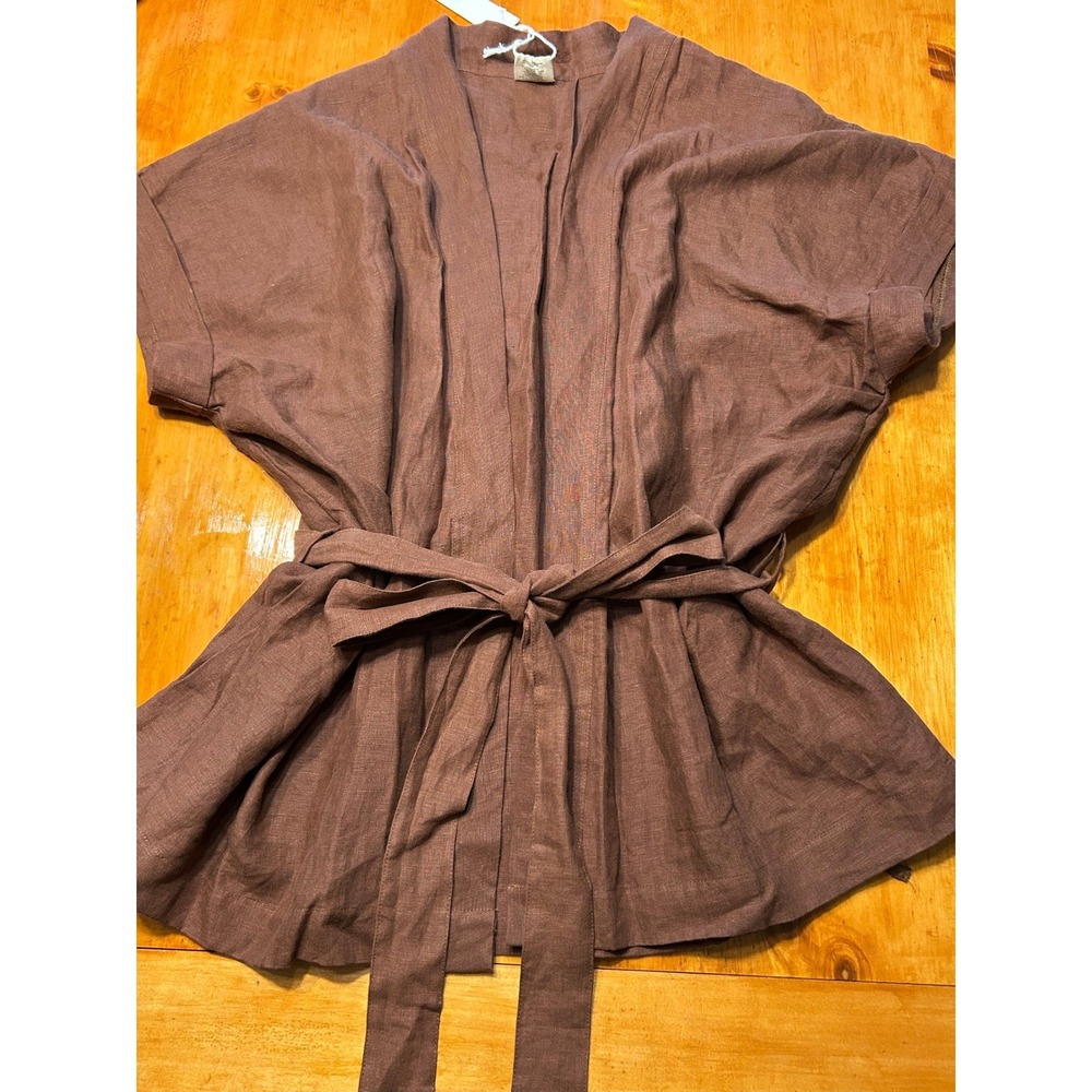 Deiji Studios The 01 Set Linen Wrap Top Tobacco Brown Kimono Tie Waist Chic NEW - Picture 9 of 11